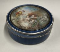 A heavy round French silver and enamelled snuff box with hinged cover. Approx. 307 grams. Est. £