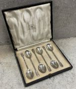 A set of six Art Deco silver spoons with textured decoration in original box. Sheffield 1918. By