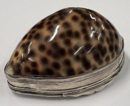 A George III silver-mounted cowrie shell snuff box, fully marked to interior. London 1822. By IR.
