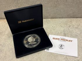 A rare silver Elvis Presley Twenty-Five Dollar Coin in box complete with certificate. Approx. 176
