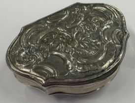 An 18th Century George II silver snuff box with embossed decoration to cover, maker's mark only to