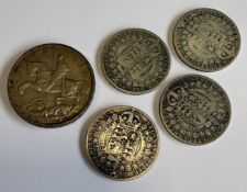 A silver Crown coin together with half Crown coins etc.