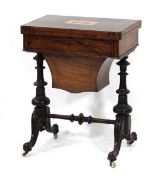 A 19th century walnut and satinwood strung games and sewing table, the surface with Tunbridge