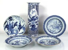 Twelve items of Oriental Export and other blue and white ceramics including a cylindrical vase