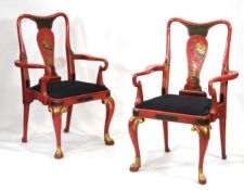 A pair of mid-20th century armchairs decorated in the chinoiserie style with red frames and