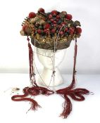 A Chinese gilt metal and kingfisher feather headdress, decorated with hardstone, pearl style beads