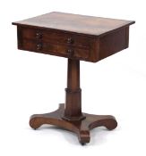 A mid-19th century flame mahogany and rosewood crossbanded work table, the surface opening to reveal