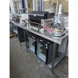 +VAT 206cm stainless steel prep table with tray, shelf under and a corner detail