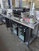 +VAT 206cm stainless steel prep table with tray, shelf under and a corner detail