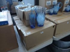 4x boxes containing 3 Strahl blue glass pitchers and 2x boxes of assorted cups