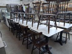 7x 67cm2 top white tables with 15x wooden spindal back chairs