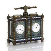 A 20th century cloisonné enamel carriage clock and barometer compendium, one dial with black Roman