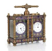 A 20th century cloisonné enamel carriage clock and barometer compendium, one dial with black Roman