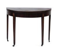 A George III mahogany, crossbanded and satinwood strung tea table, the square straight legs with