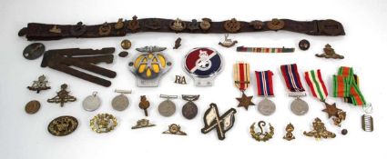 A Church Lads Brigade belt mounted with various cap badges, together with a group of other loose