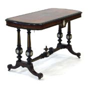 An Aesthetic Movement ebonised, burr yew, satinwood strung and brass mounted single-drawer centre