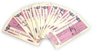 A group of thirty-three 1928/29 Westminster Bank Limited (Hitchin Branch) cheques signed by