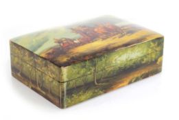 A lacquered box with hand-painted decoration depicting two carriages passing in a rural lane, 25 x
