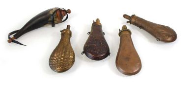 A group of five copper, brass and horn powder flasks (5)