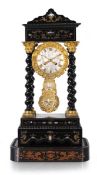 A 19th century mantel clock, the silvered dial with Roman numerals and arrow handles, the movement