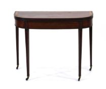 A George III mahogany, walnut crossbanded and satinwood strung tea table, on square tapering legs