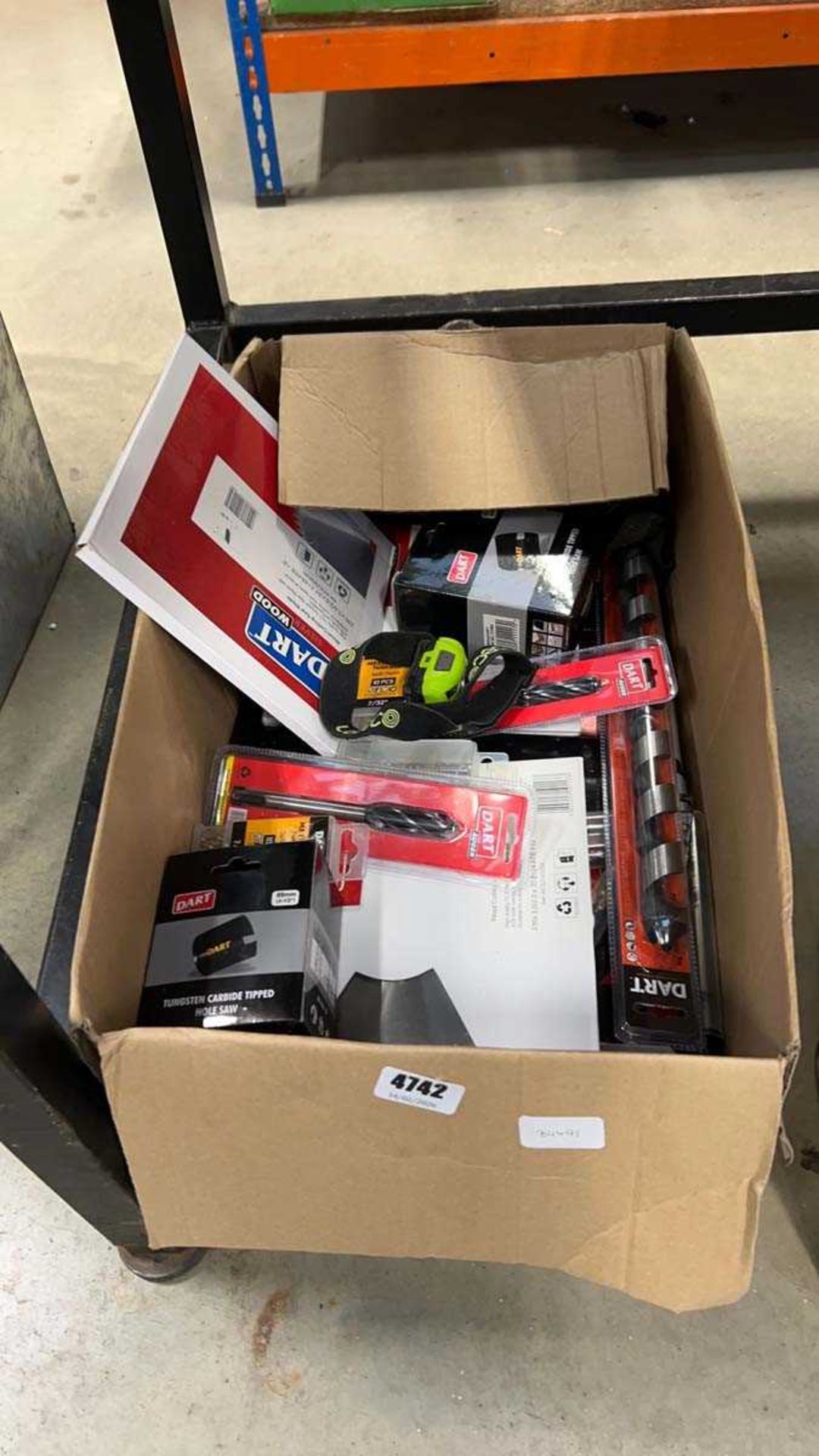 Box of dart related items to include circular saw blades, auger bids, m2 tin coated twist split