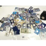 +VAT Assorted mixed collectable, uncirculated, commemorative, novelty and world coinage plus £5, £
