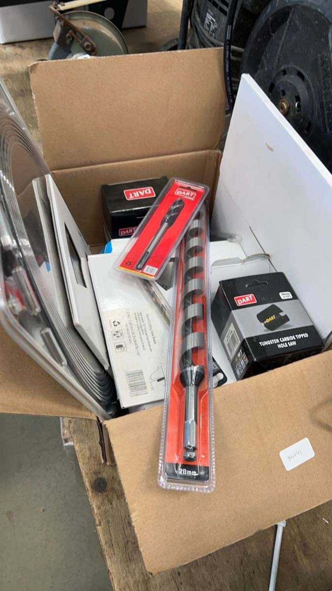 Qty of dart related items to include circular saw blades, auger bits etc