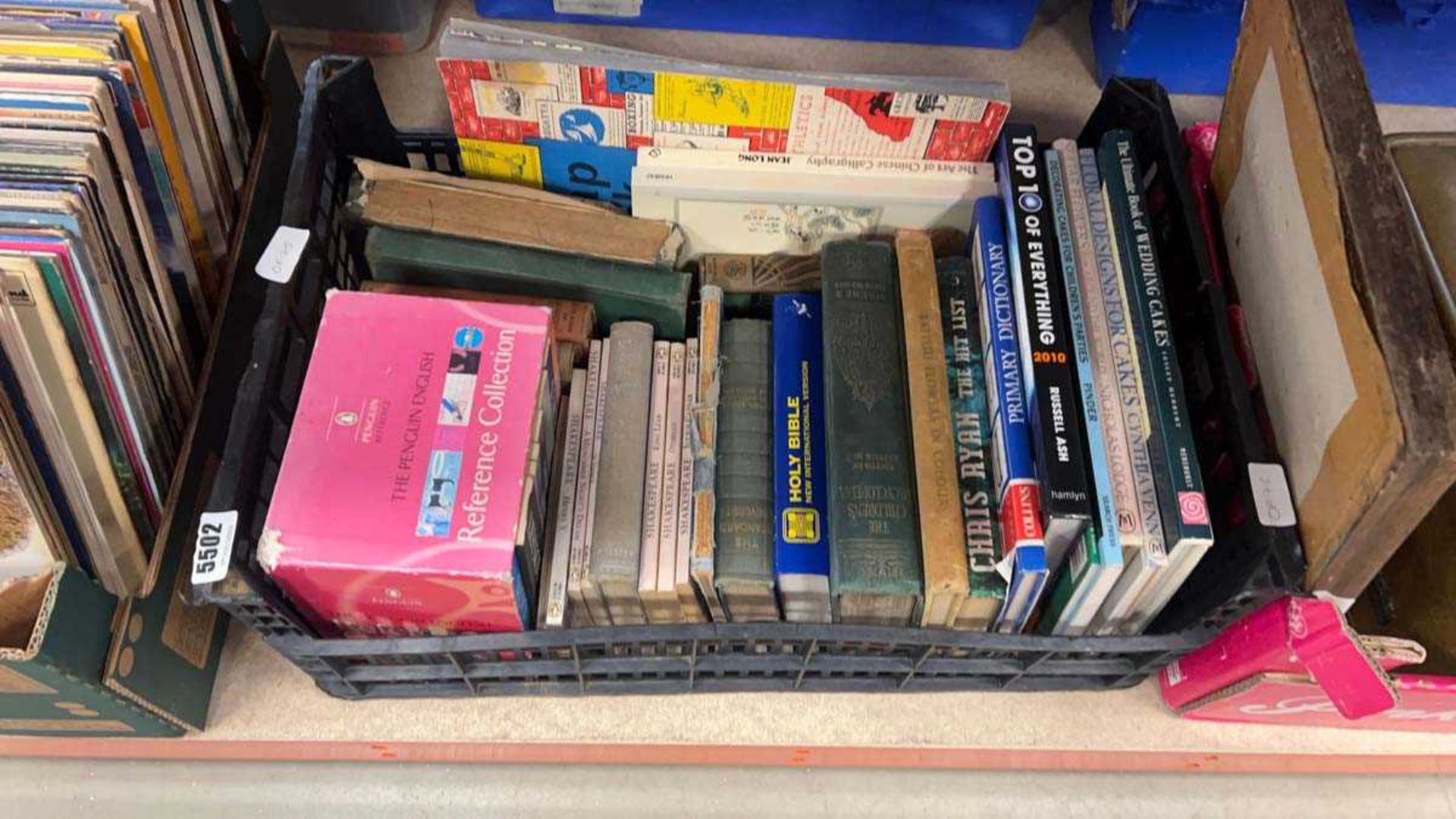 Books in a box , to include Shakespearian plays, The Holy Bible, plus dictionaries