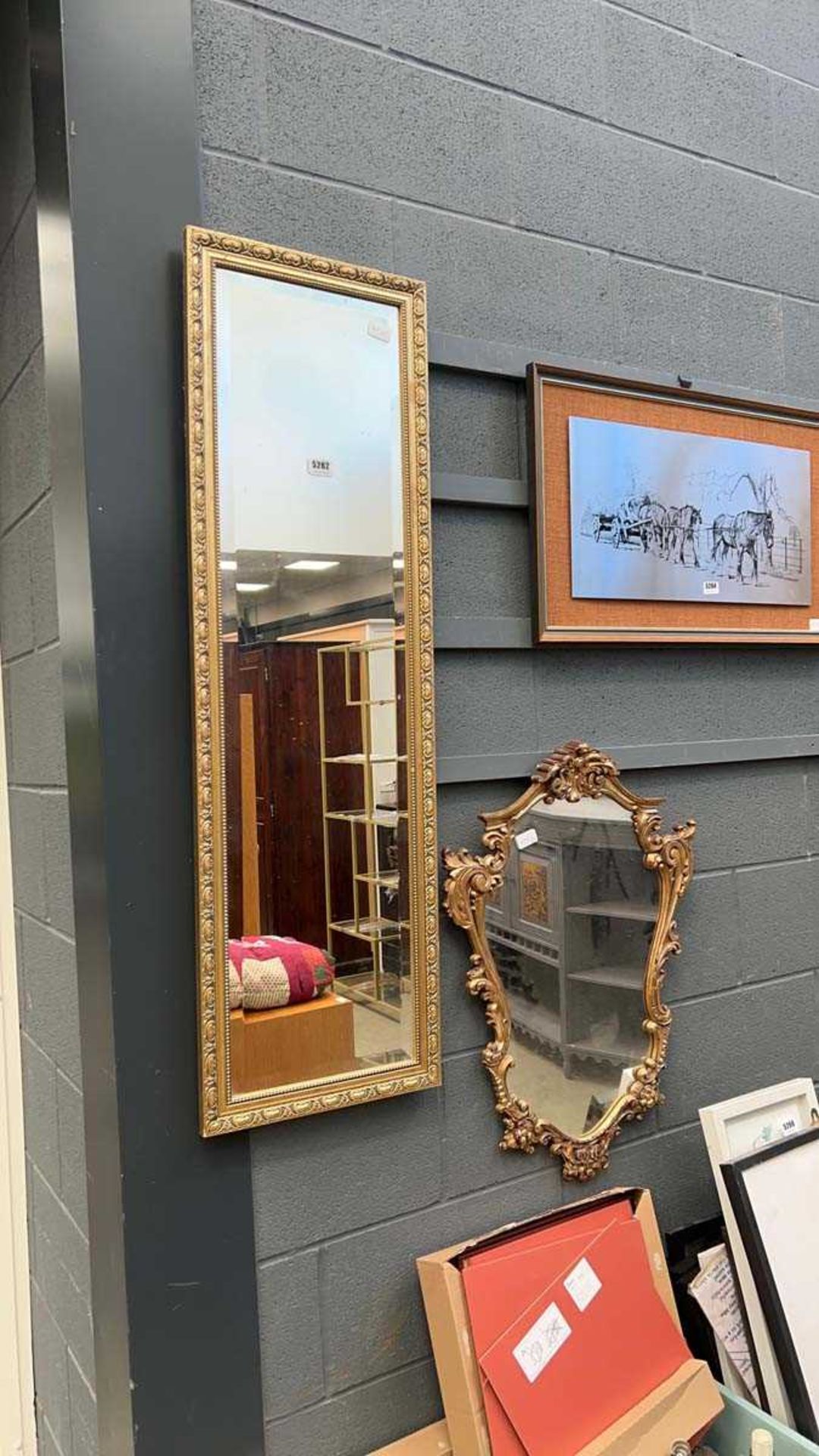 Mirror in ornate gilt frame plus rectangular beveled mirror
