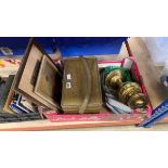 Box containing a print and an oil painting, enamelled dishes, brass oil lamp and a vanity case