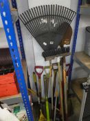 Qty of outdoor garden hand tools to include long handled spade, rake, etc