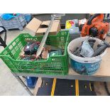Crate containing 4 x 12V electric energisers and bucket of accessories