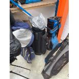 Vintage Ouul branded blue and yellow golf bag, together with a Powa Kadd cart bag and a Ping black