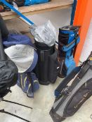 Vintage Ouul branded blue and yellow golf bag, together with a Powa Kadd cart bag and a Ping black