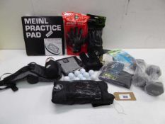 +VAT Goal keeper gloves, Meinl Practice pad, 4kg dumbbells, hydration belt, golf balls, and injury