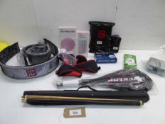 +VAT Riley snooker cue, Knee sleeves, wrist wraps, Taylor Made golf balls, Better Me Pilates Ball
