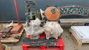 Pallet of jerry cans, fire place, lamp shades, plant stand, etc