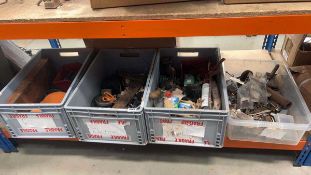 Four crates of tools including chisels, clamps, screws, nails, bulbs, angle grinding discs,