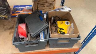 Two crates containing sanding discs, tape, vice and timing gear pin governors