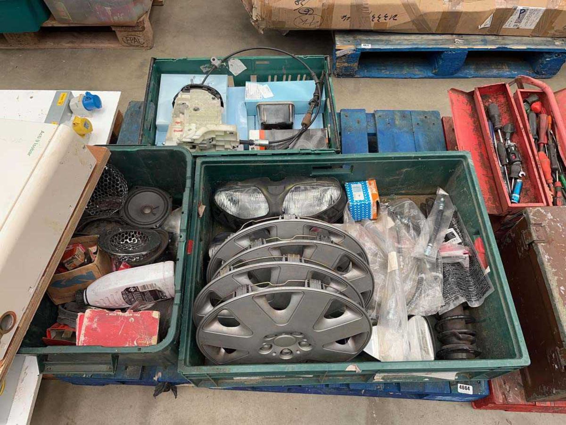 +VAT Pallet of items including motorbike headlights, wheel covers, mirrors, tin foil etc.