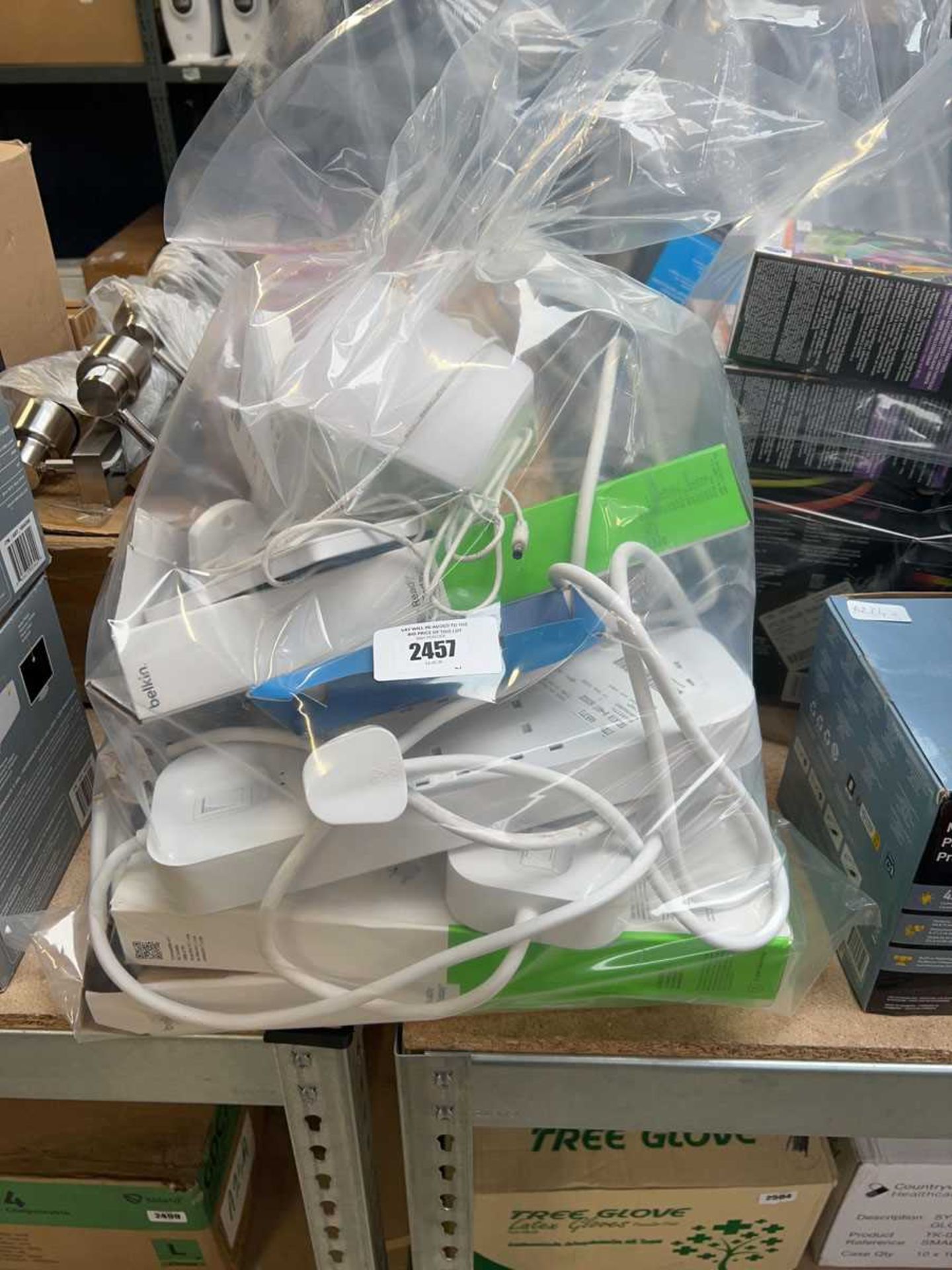 +VAT Bag containing approx. 5 Belkin Power Surge extension sockets, box of USB sockets and unboxed