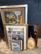 Quantity of various pictures and mirrors incl. print of golfing scene by Gary Patterson, picture