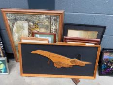 Cut-out wooden picture of Concord, print of a steam train, Chinese prints plus rural scenes