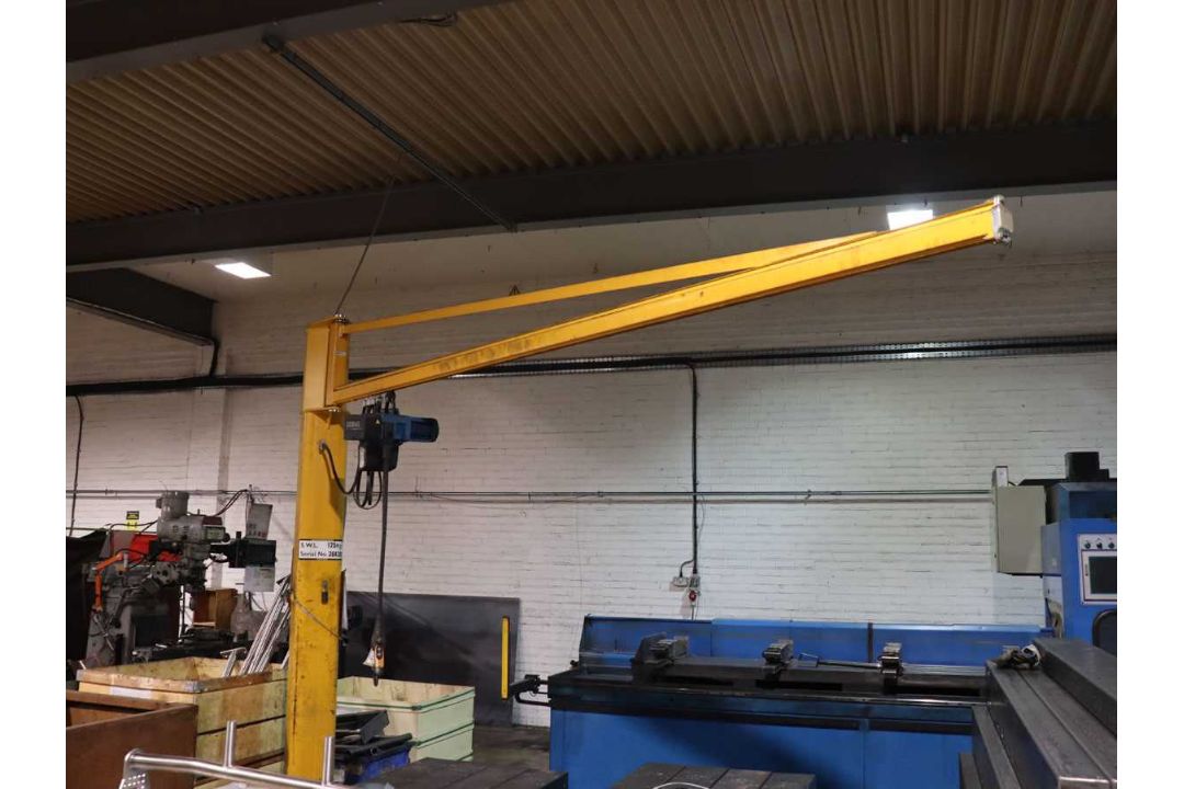 +VAT Yellow 125kg capacity jib crane with Demag electric chain hoist - Image 1 of 10