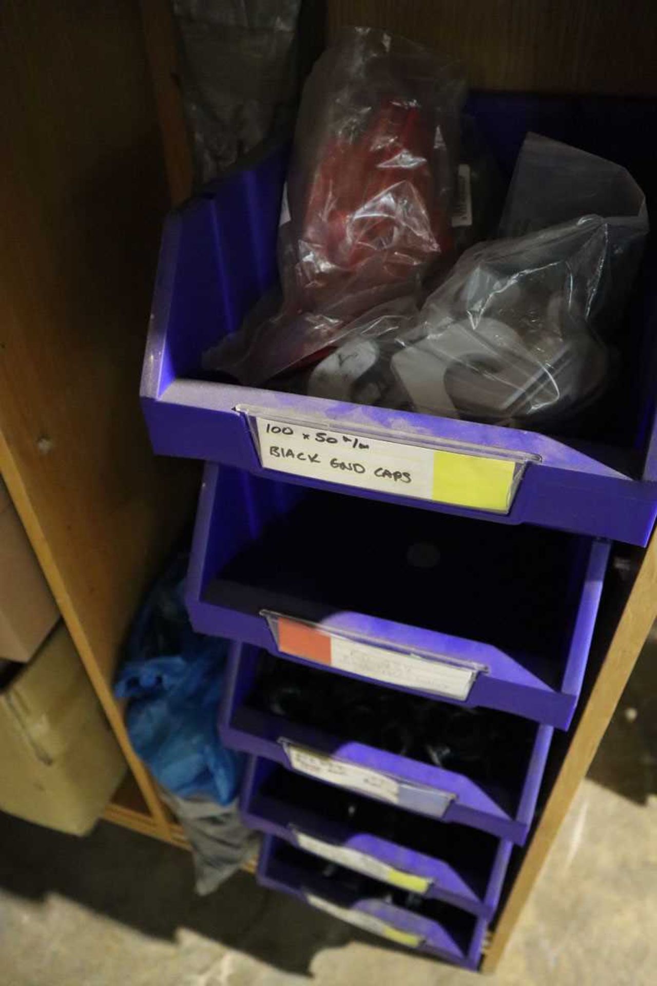 +VAT Open-front wooden shelf unit with contents; plastic threaded caps, plastic washers and similar - Image 3 of 3