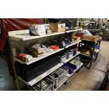 +VAT 2 freestanding cantilever shelving racks and a box steel mobile bench with contents; wax