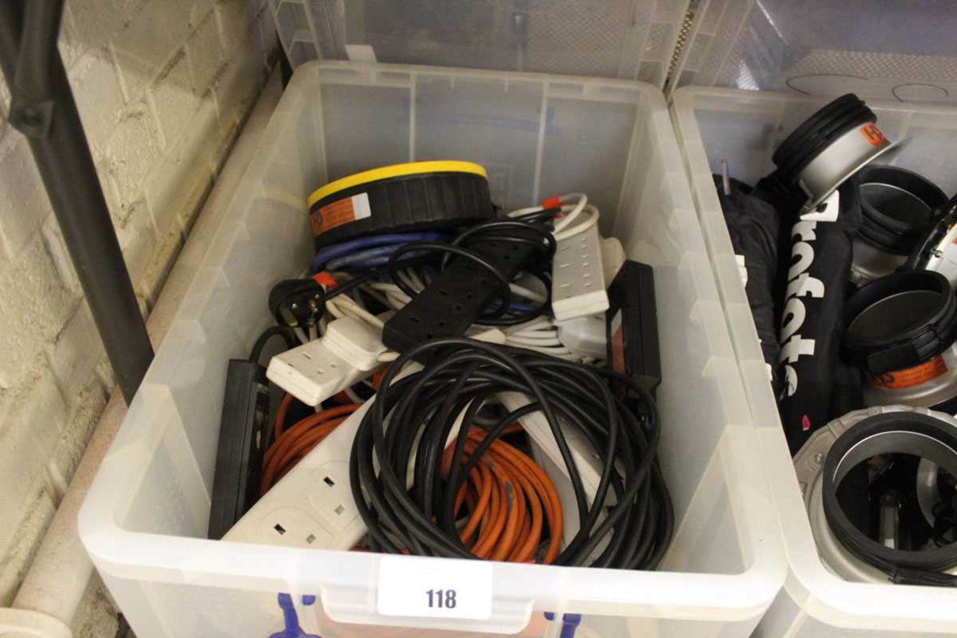 +VAT Large plastic box containing mostly 13 Amp electrical extension leads