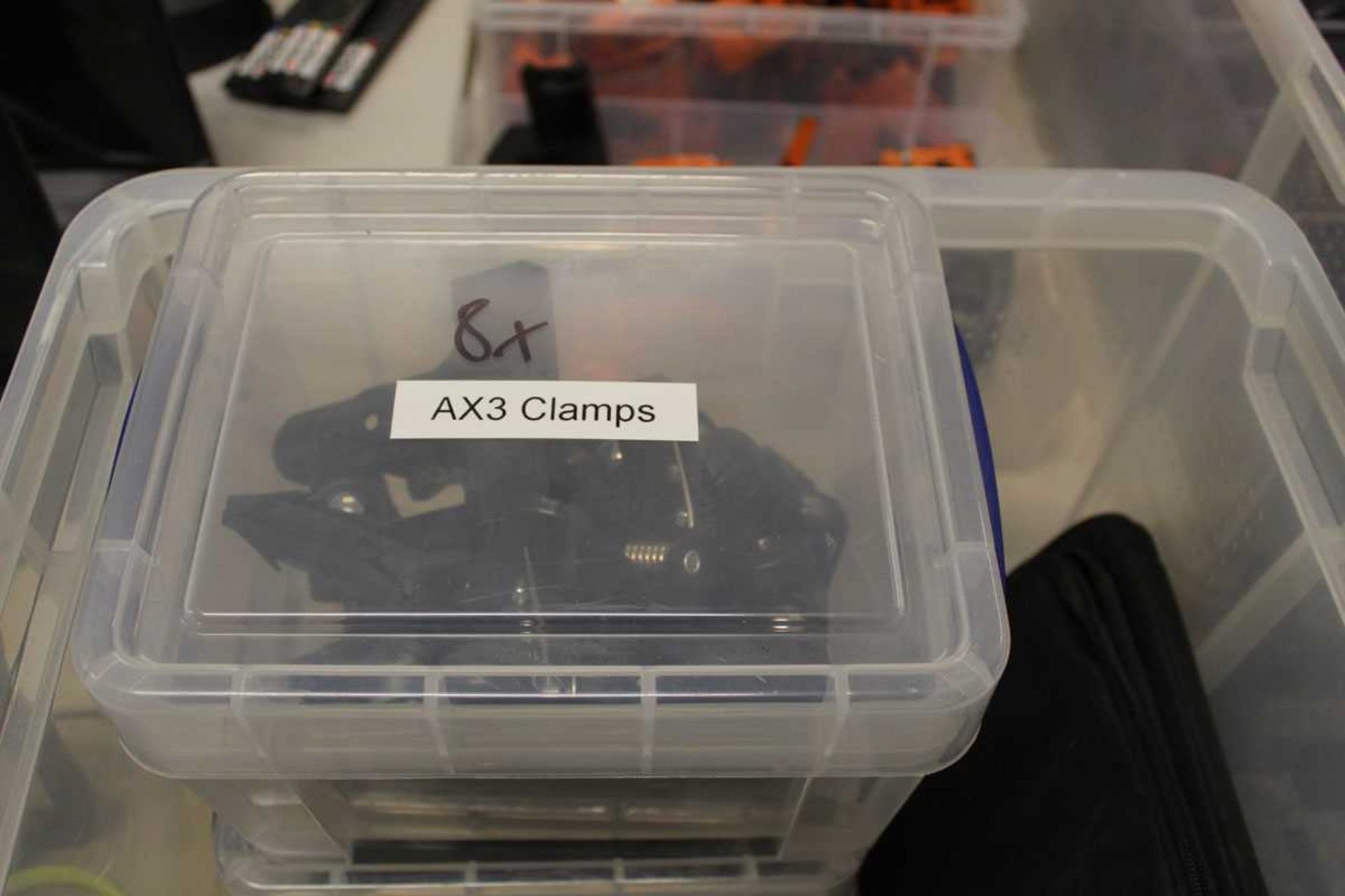 +VAT Plastic box containing diffuser, domes, wing plates, AX1 chargers, AX3 clamps and AX3 chargers - Image 3 of 5