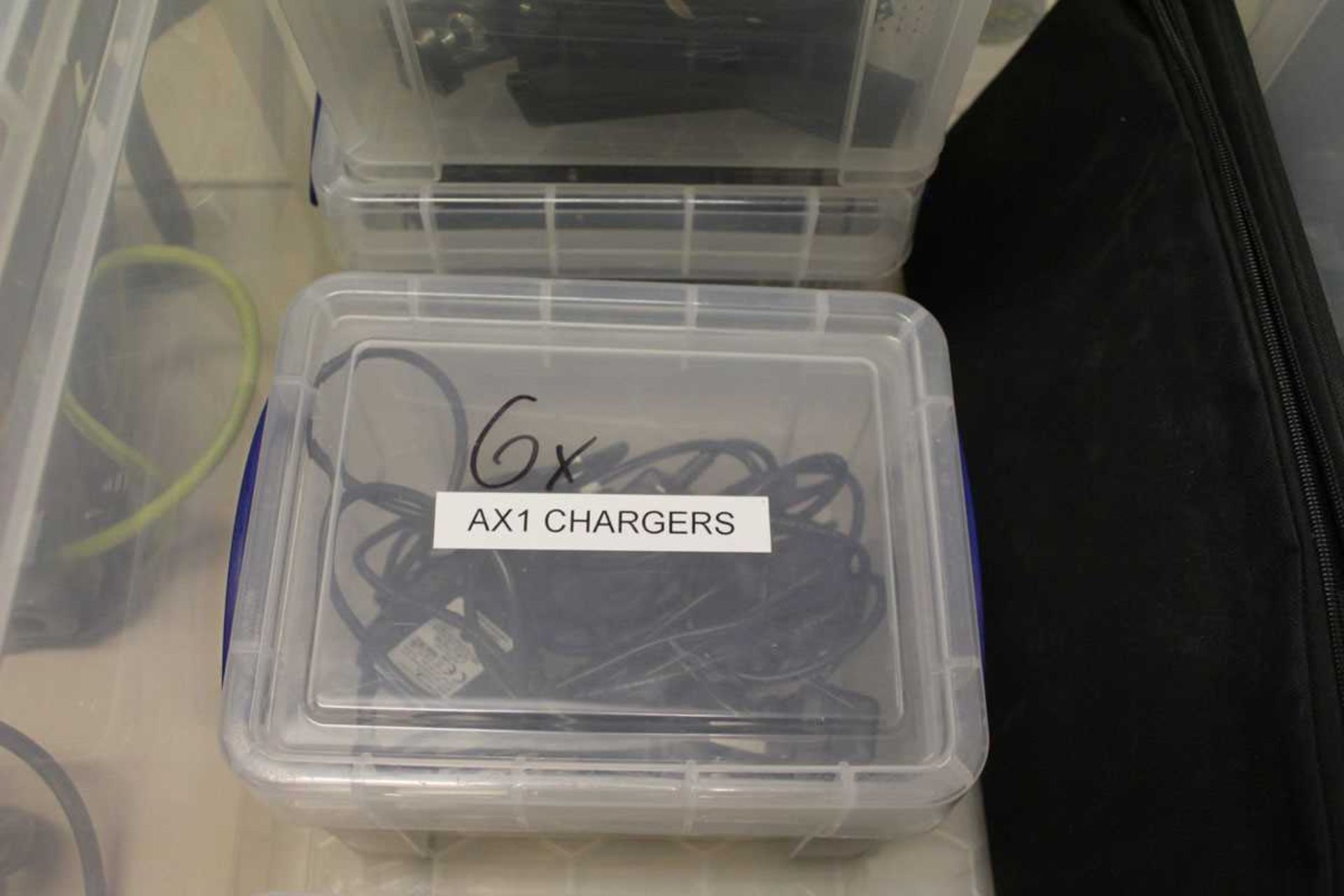 +VAT Plastic box containing diffuser, domes, wing plates, AX1 chargers, AX3 clamps and AX3 chargers - Image 2 of 5